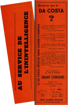 Accès aux textes d'Isabelle Waldberg. Recto verso du papillon publicitaire accompagnant le dernier numéro du 'Da Costa' (avril 1949).